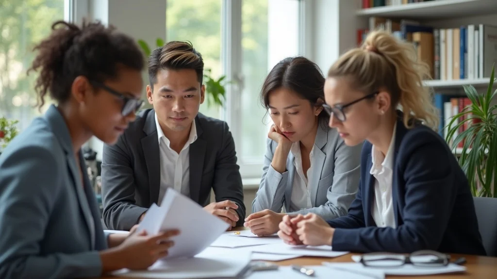 Diverse business professionals reviewing documents about employment-based immigration in a corporate workspace with international flags and legal books.