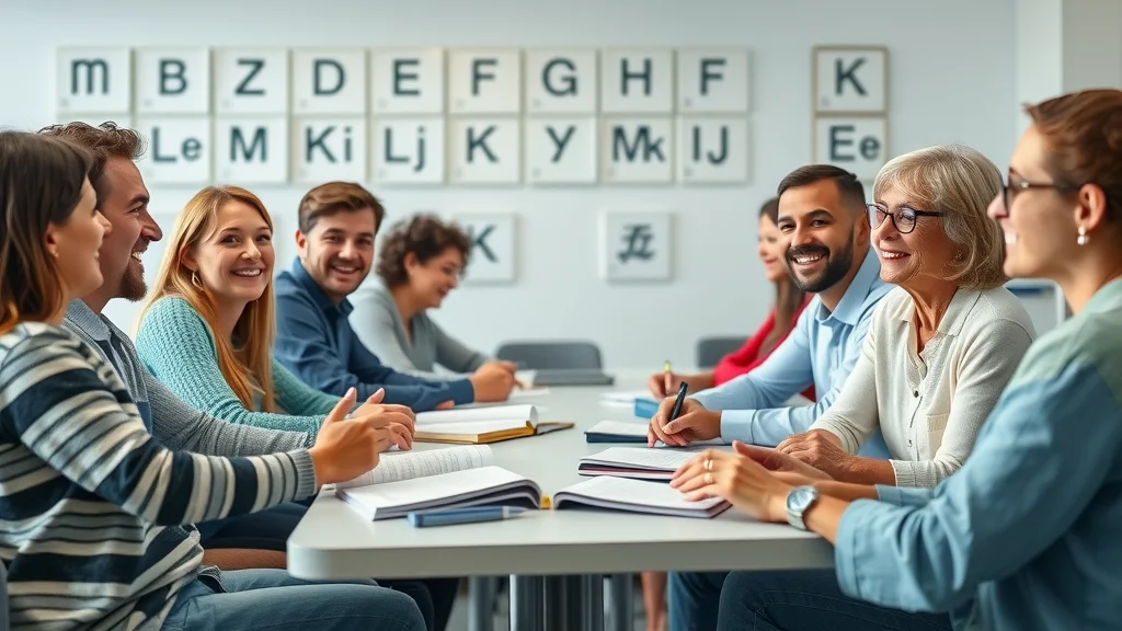 Vibrant classroom of diverse adult learners actively discussing while learning modern Greek at a modern language institute with Greek alphabet posters, blue-and-white color palette, and natural daylight.