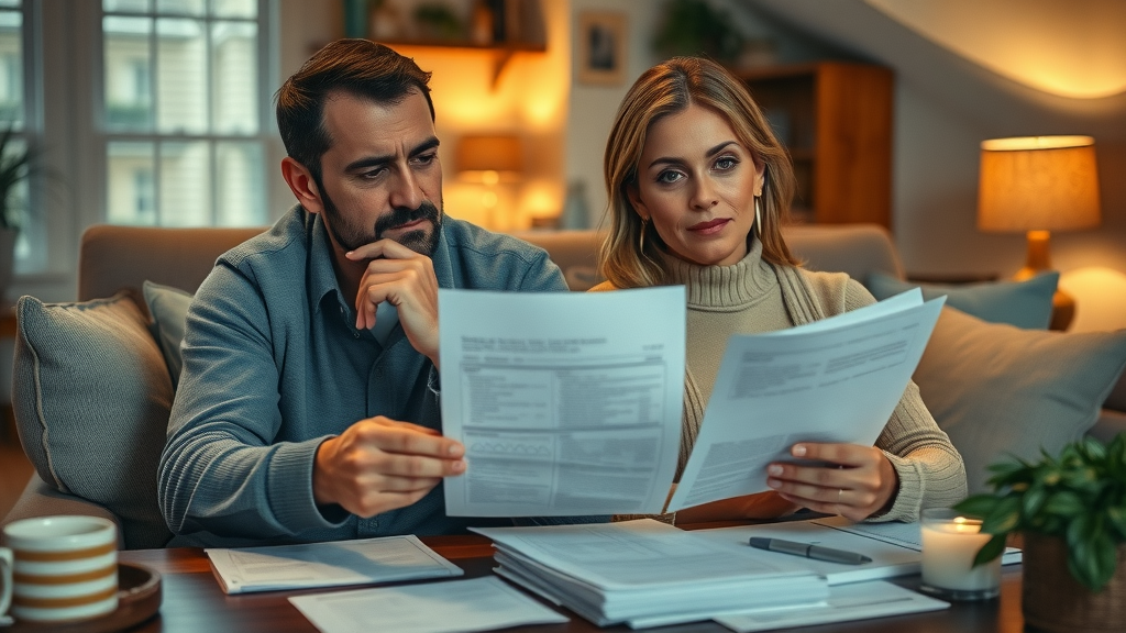 Thoughtful couple reviewing documents at home in a cozy setting.