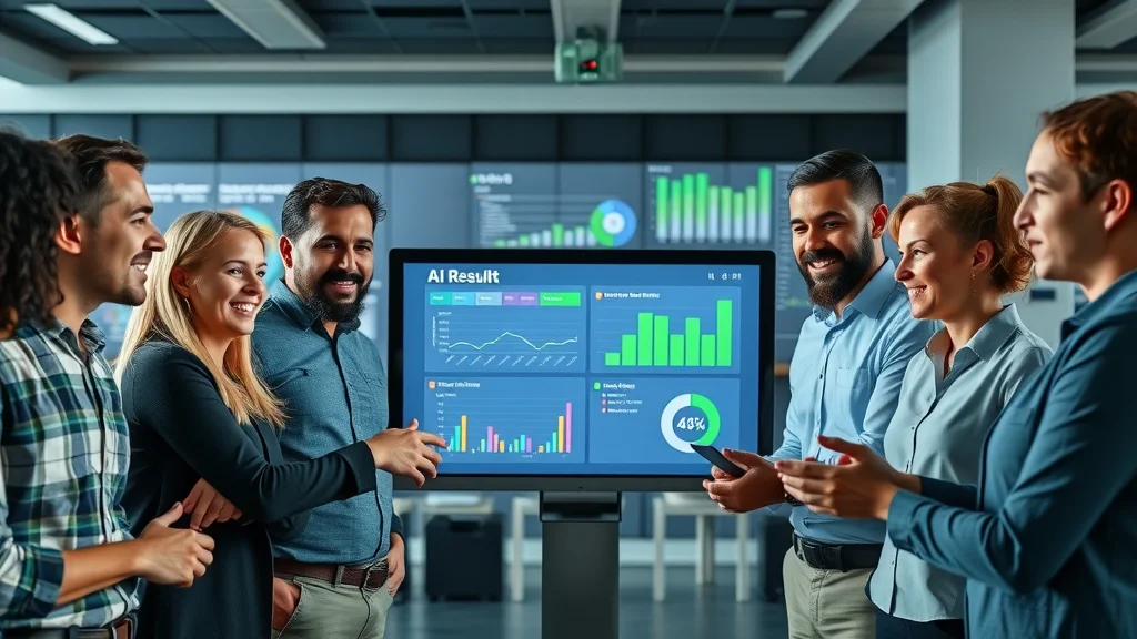 Enthusiastic project team reviewing ethical AI development outcomes on large digital dashboards at Veracity AI LLC