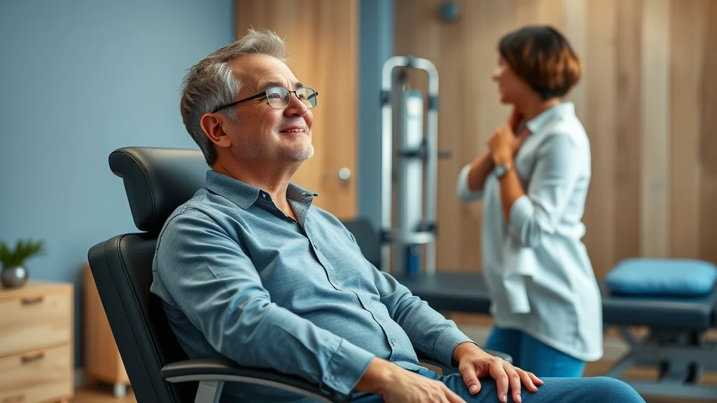 sacramento chiropractor active adult seeking chiropractic relief, patient sitting comfortably on ergonomic chair with chiropractor assessing posture in private treatment room