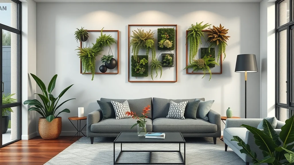 Chic, modern interior with exotic plant and moss art—vertical moss installations, tropical foliage, styled for trend-setting interior scaping