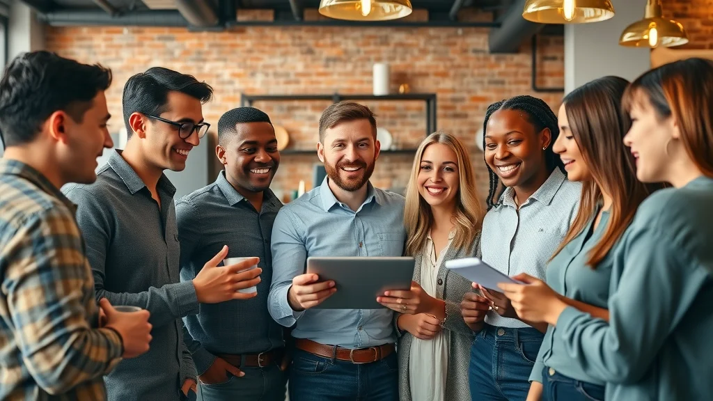 Diverse business owners discussing outsourced cfo services FAQs around a tablet in a co-working space