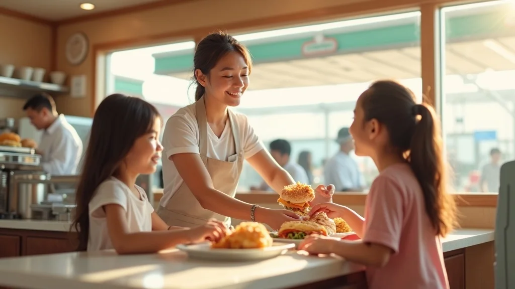 Smiling staff member handing a meal to a family at a sunlit fast food counter in Hilton Head Island with soft natural light and nautical touches in clean, inviting decor.