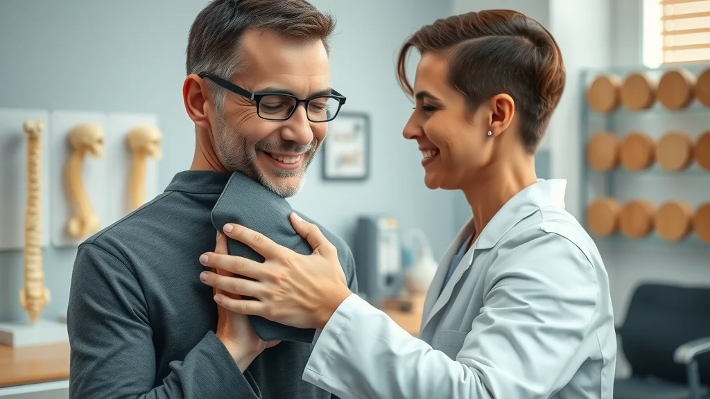 Chiropractor examining scoliosis patient's back, compassionate interaction, modern chiropractic office, spine models, ergonomic equipment, reassuring scene, photorealistic, 85mm prime lens, no text or disfigured features