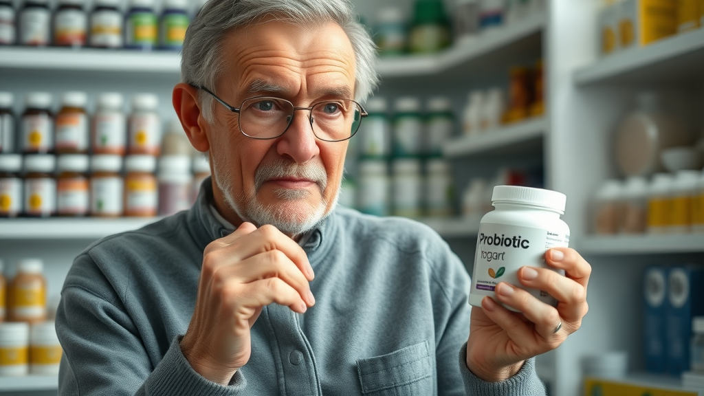 thoughtful senior choosing between probiotic yogurt and supplement capsules for gut health and immune system