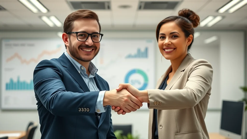 Ambitious entrepreneur and CFO celebrating outsourced cfo partnership for financial strategy, shaking hands in a modern office