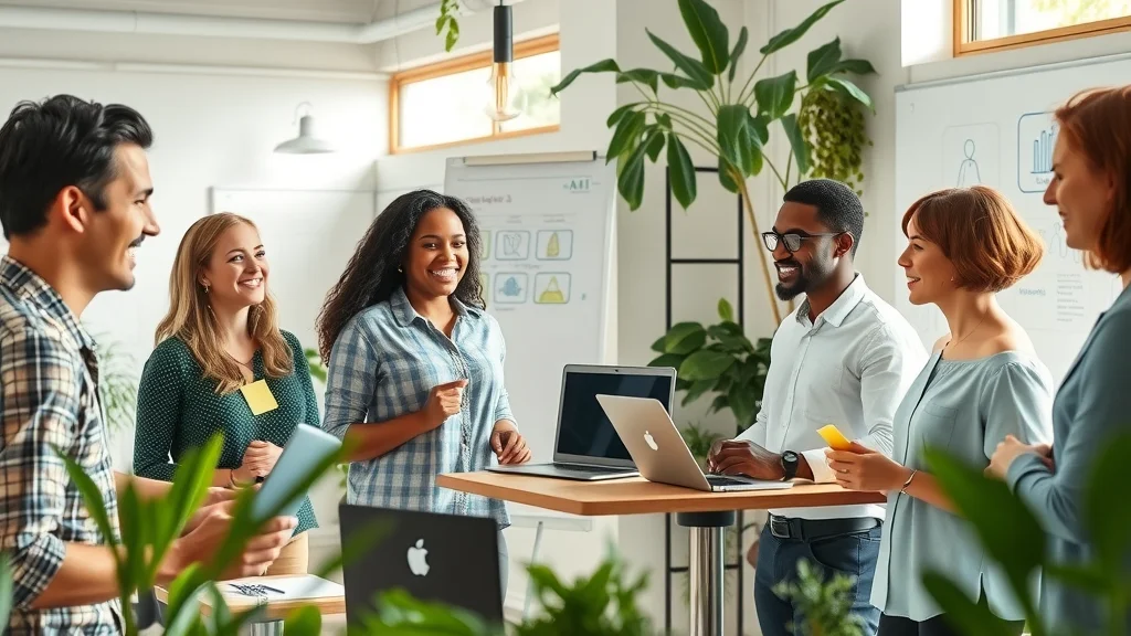 Collaborative team workshop on AI policies: diverse group brainstorming, sticky notes, laptops, sunlit co-working space with plants, no text on diagrams.