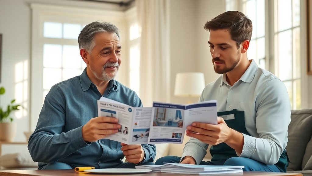 homeowner checking licensed plumber credentials with plumbing contractor present