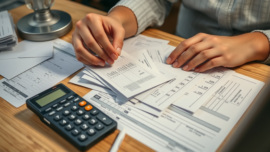 hands organizing receipts tax forms credit deduction documentation home office