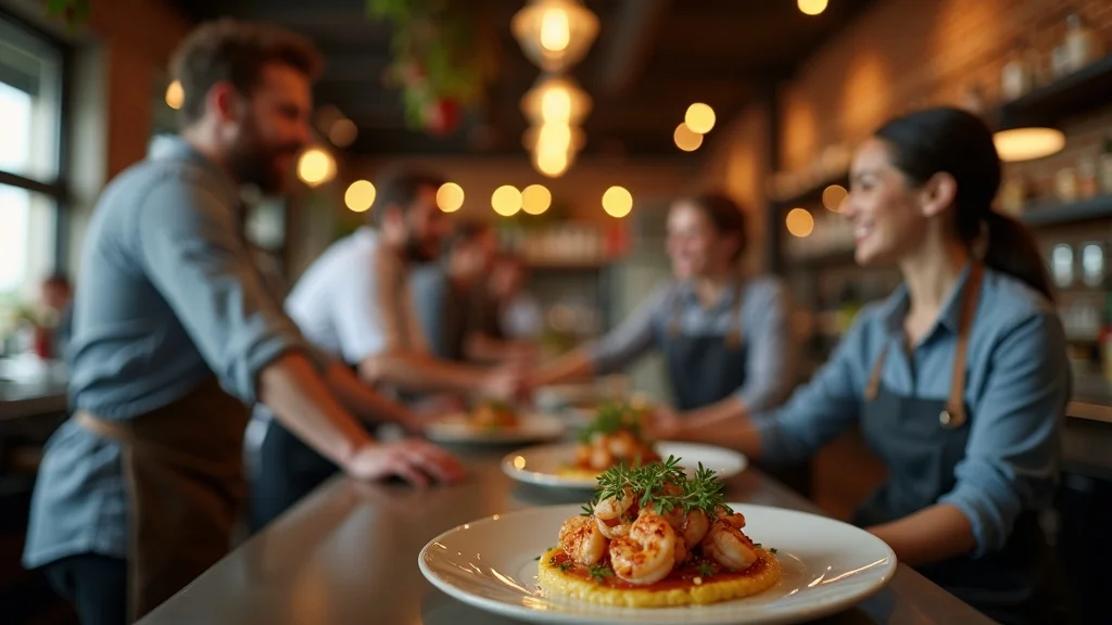 Modern bustling Hilton Head restaurant with signature Lowcountry shrimp and grits served in a welcoming setting with brick walls and ambient lighting