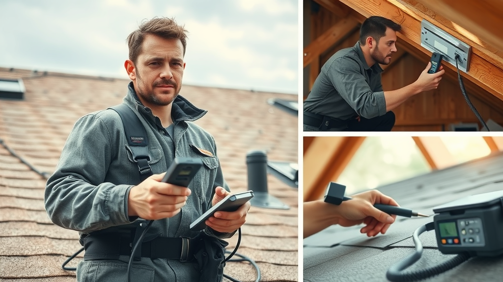 Photographic collage showing step-by-step professional roof leak detection in Ruidoso, technician with moisture meter, attic inspection, warmth hues