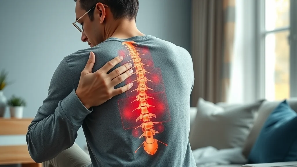Individual touching lower back, with highlighted L5 area and overlay of spinal nerve diagram, showing relevance for lower back pain on spine chart with nerves