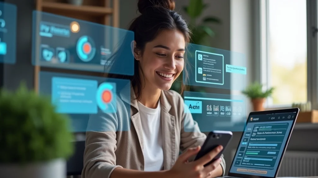 Marketing professional balancing AI dashboard and personal messages on smartphone - internal processes for scalable marketing