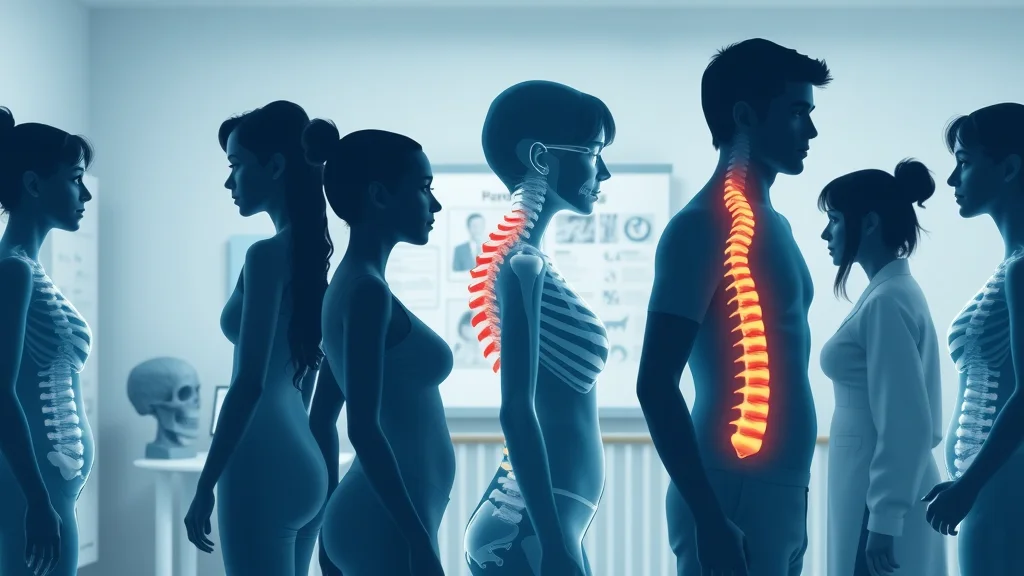 Infographic showing scoliosis statistics in a diverse community, highlighting spinal curves, photorealistic medical illustration set in a neutral chiropractic clinic, charts, anatomical models, blue and white palette, 50mm macro lens, no disfigured features