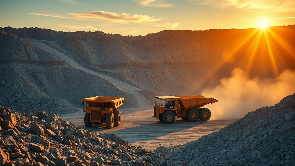 Leased aggregate equipment operating in a large quarry at sunset, dynamic mining scene highlighting equipment leasing advantages.
