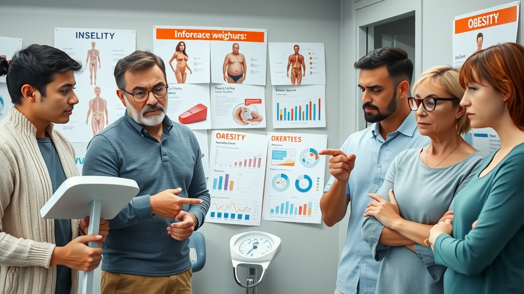 insulin resistance and weight gain—adults examining weight scales and medical charts