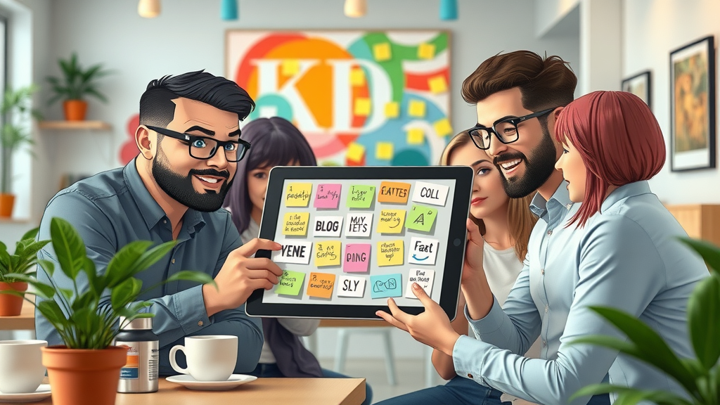 Marketing team brainstorming blog ideas based on keyword search terms for small business