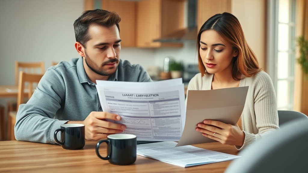 Family reviewing leasing vs. financing paperwork and auto loan documents at home to compare costs