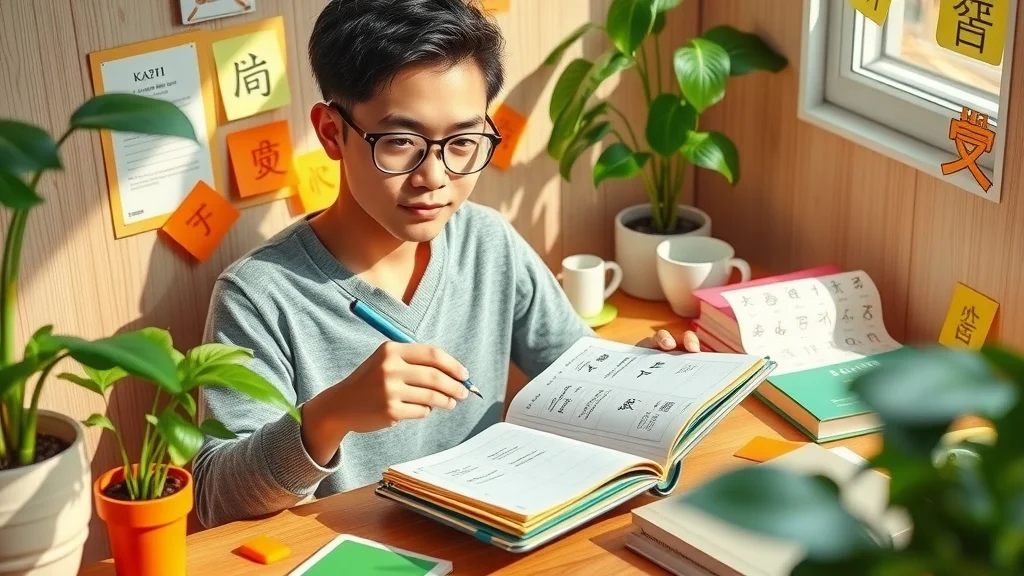 Motivational study corner for kanji learning, showing a student writing kanji in a daily planner with notes and encouragement symbols. Consistency in practice boosts kanji mastery.