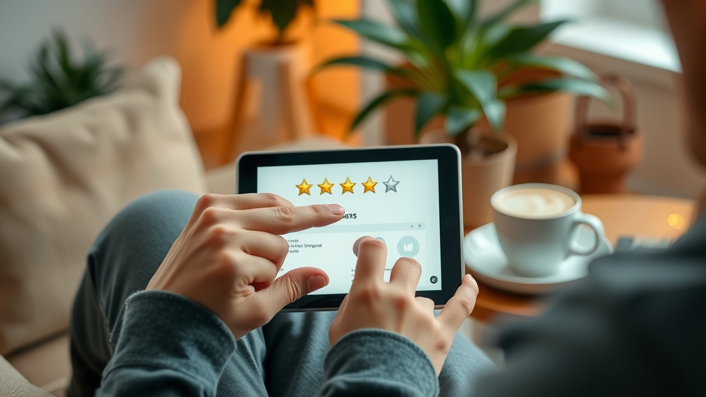 Customer leaving positive online review and five-star rating for small business on tablet
