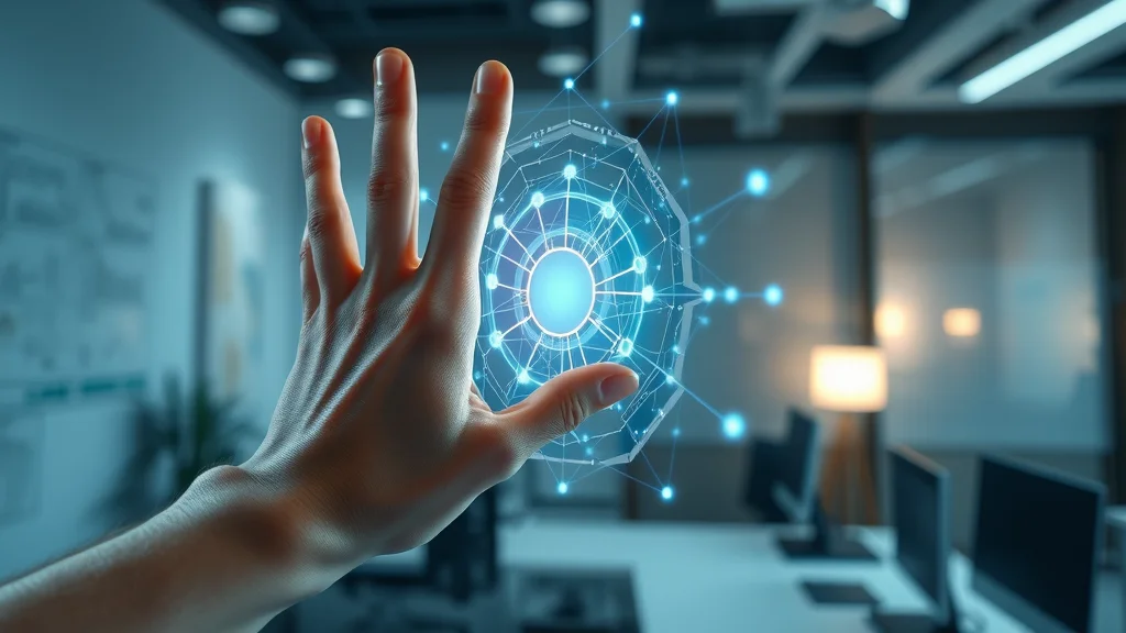 human hand interacts with 3D neural network hologram representing artificial intelligence for business in a tech office