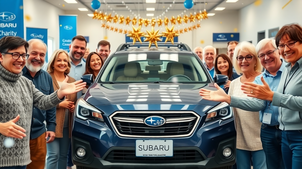 smiling diverse group at Subaru dealership celebrating share the love event