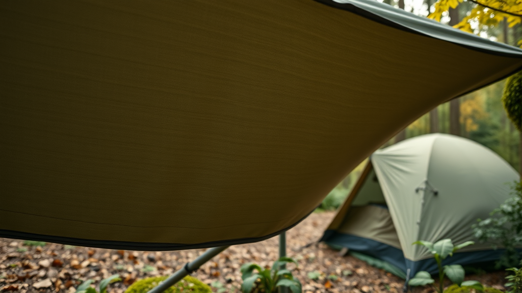 Olive drab canvas tarp in a woodland camping site
