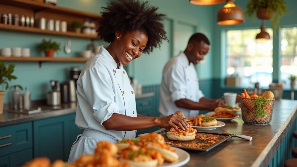African American chef preparing shrimp po’boy sandwiches in a modern fast-casual restaurant on Hilton Head Island, with fresh produce baskets and a coastal color palette.