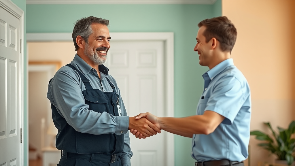 Satisfied Minneapolis customer shaking hands with professional painter in vibrant freshly painted home interior