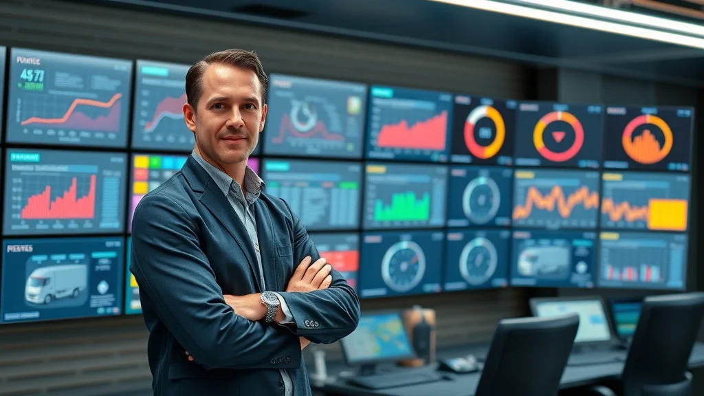 Fleet management command center dashboard, manager viewing real-time vehicle statuses and key fleet metrics