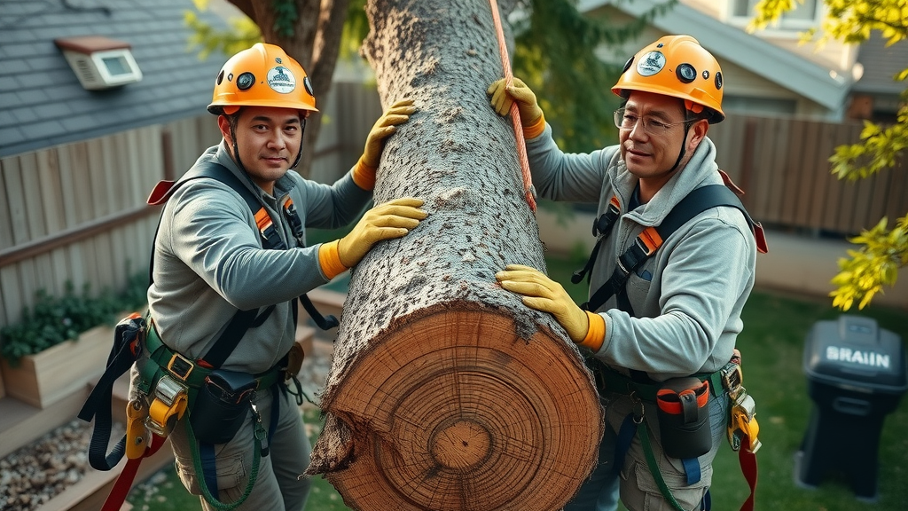 large tree removal techniques professional arborists lowering cut section ropes safety gear