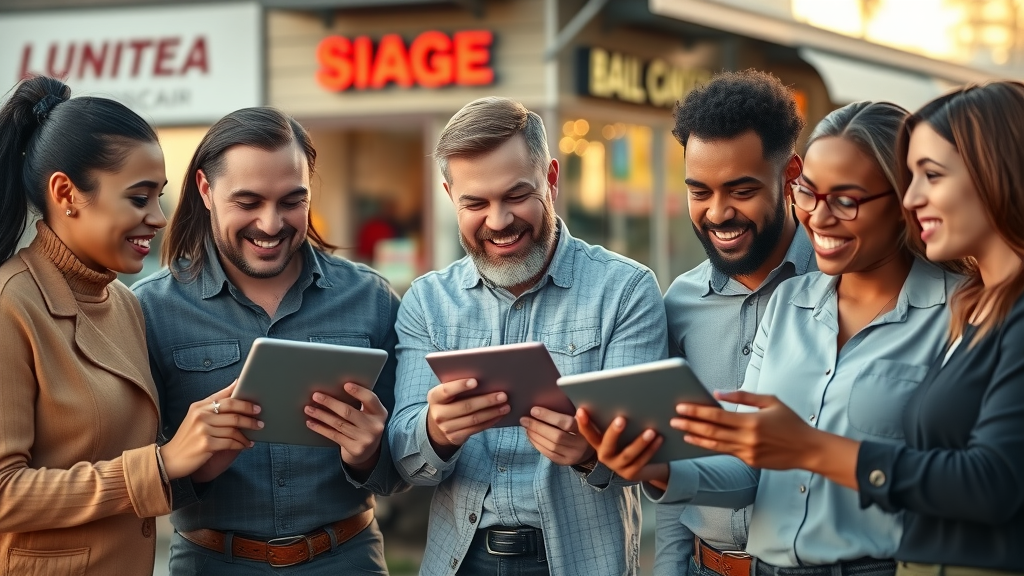 Group of Mesa small business owners reviewing credit card processing revenue, merchant cash advance mesa arizona benefits, urban storefronts in background