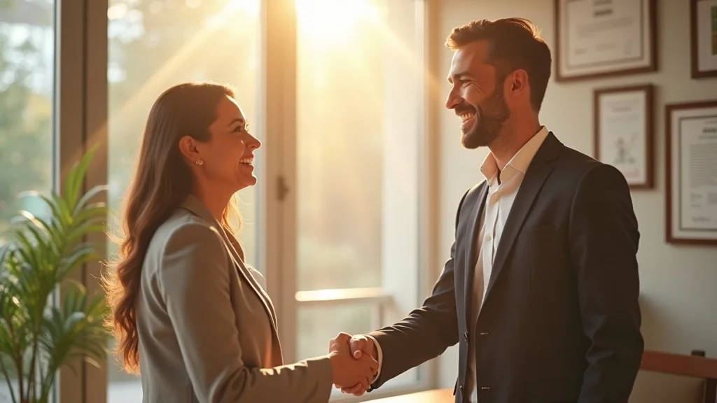 Client and CPA shaking hands in a CPA firm office, representing positive testimonials for accounting marketing.