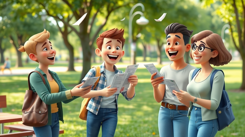 Excited customers participating in bring a friend campaign, sharing flyers in outdoor park