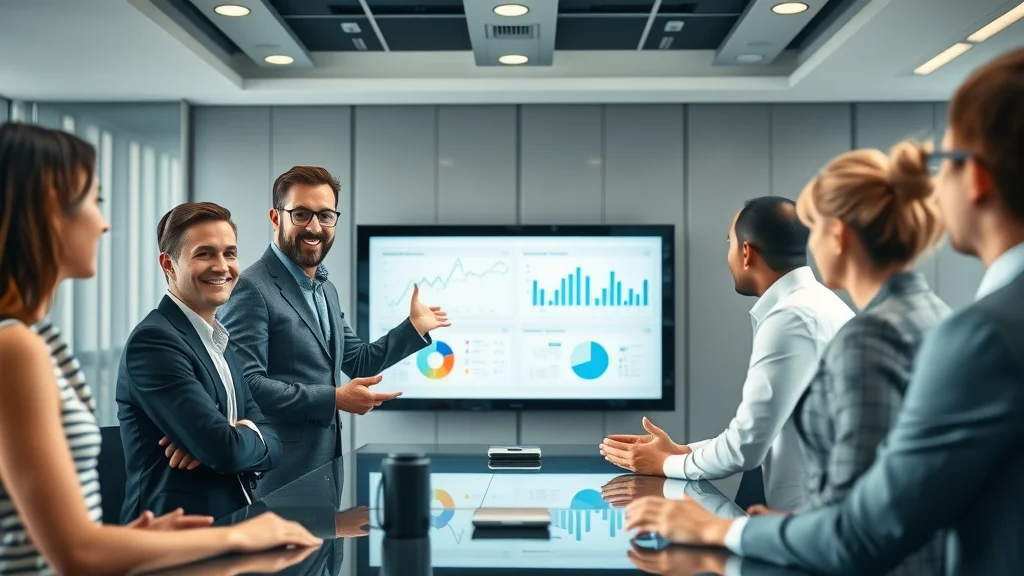 Business leader presenting an integrated accounting dashboard, demonstrating holistic accounting and team efficiency in business systems.