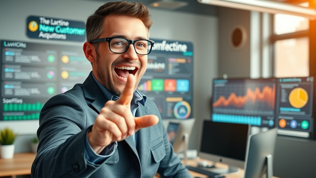 Entrepreneur launching online advertising campaign surrounded by instant new customer notifications