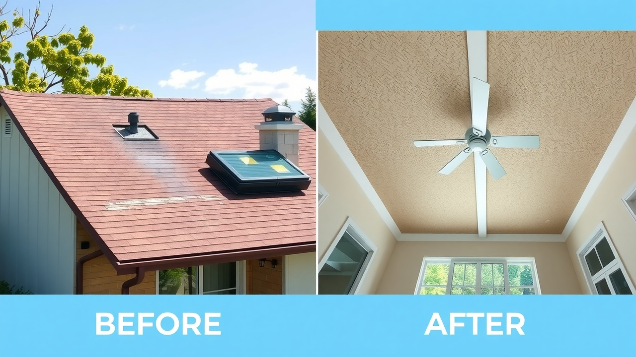 Before and after photo of Ruidoso residential roof repair, left visible leaks and stains, right clean restored roofing, sunlight, clear interior ceiling