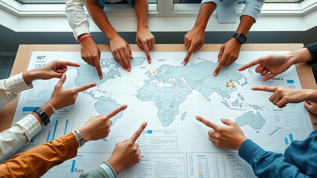 AI regulation infographic, diverse hands pointing at AI regulation zones on world map, ai compliance discussions