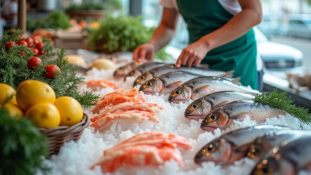 Hilton Head Island seafood market with a chef selecting fresh fish from ice beds, baskets of lemons, and coastal greenery under bright daylight