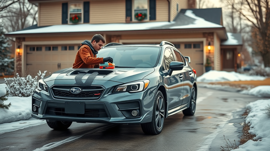 Cincinnati driveway with Subaru being prepared for winter by owner, checking tire pressure, emergency kit visible, showing hands-on winter driving readiness