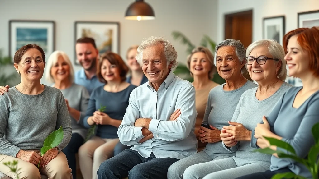 Diverse group of smiling patients in a chiropractic clinic reception area, improved posture, modern waiting area, photorealistic, 35mm lens, no text or disfigured features