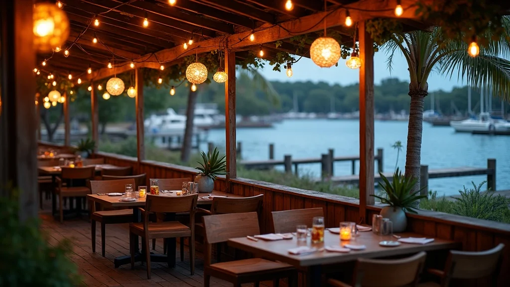 casual seafood eatery waterfront hilton head docked boats open air seating string lights