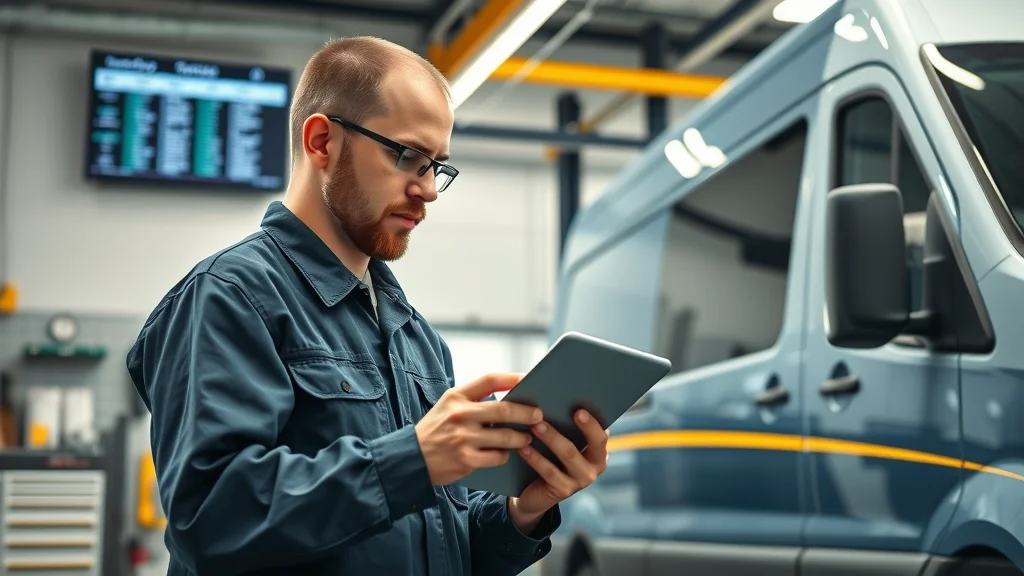 Efficient vehicle maintenance garage managed with fleet management software, technician with a tablet reviewing maintenance schedule