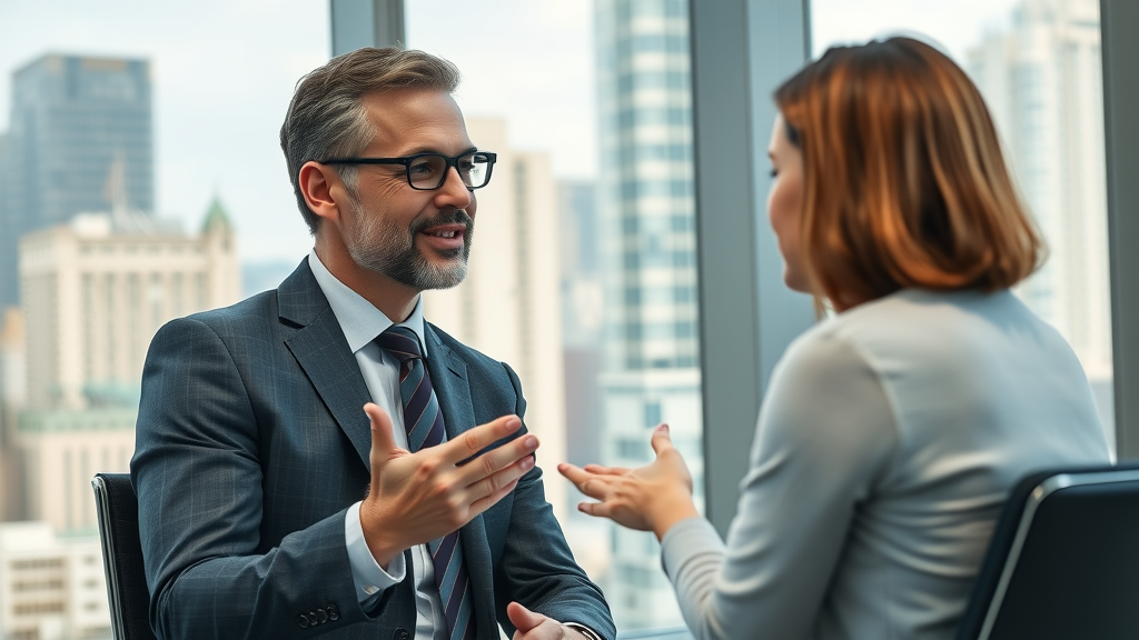 Professional financial advisor advising client in a modern office environment with a city view.