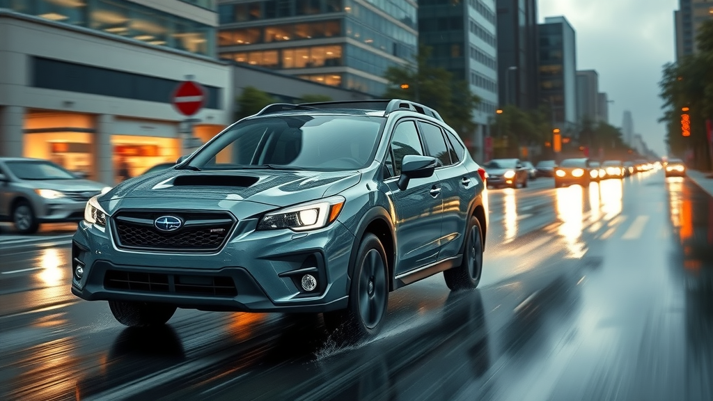 Subaru SUV navigating rain-soaked city streets, showcasing all-wheel drive benefits of Subaru vehicles