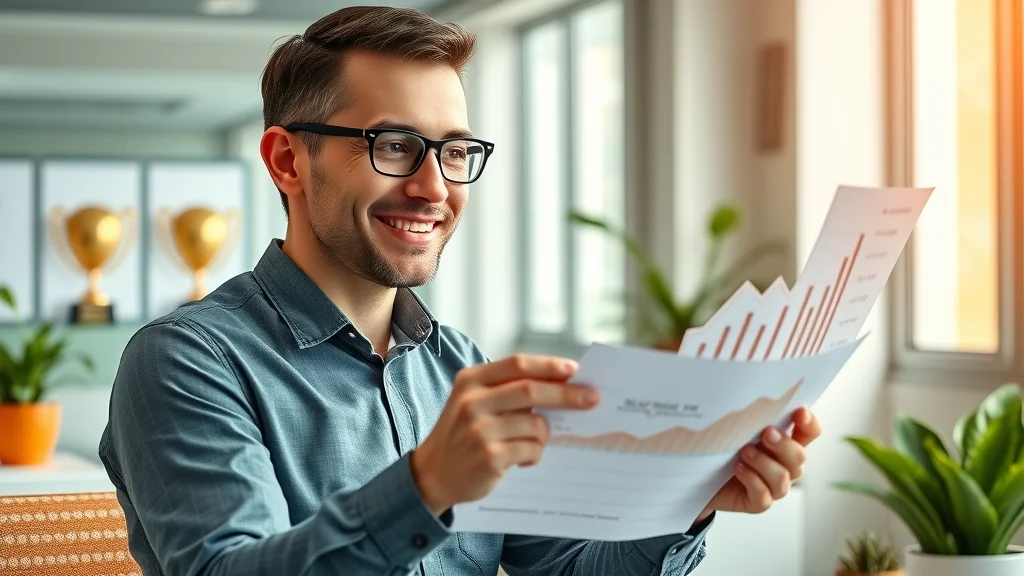 Empowered entrepreneur reviewing upward-trending financial growth charts as a result of business focus and effective delegation.