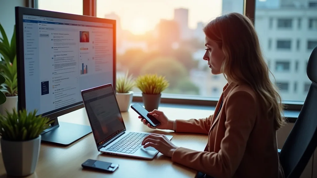 Accountant managing integrated email and social media marketing strategy for accounting firm on dual screens