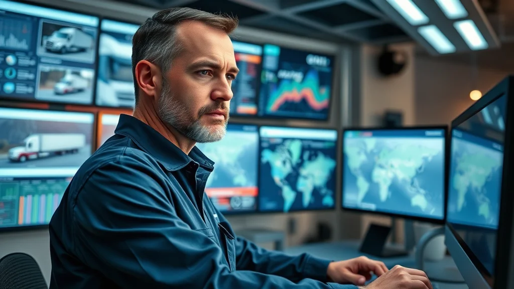 trucking management software photorealistic control room multi-screen fleet management dashboard
