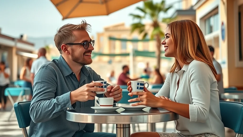 Two friends practicing Greek conversation in a sunlit Athens café with the Acropolis in the background, vibrant street life and lively gestures highlighting modern Greek speaking.